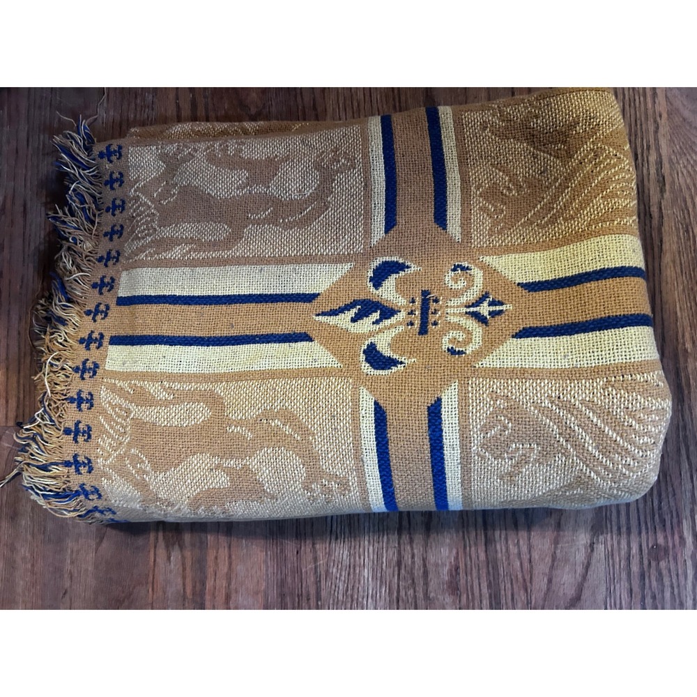 Unbranded Woven Tapestry Throw 48x68 Blue Gold Fleur De Lis Griffin Unisex